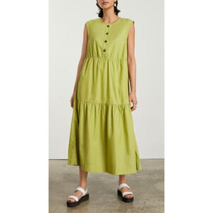 EVERLANE Tiered Midi Dress Womens Size XL Green 100% Cotton Sleeveless Button Up
